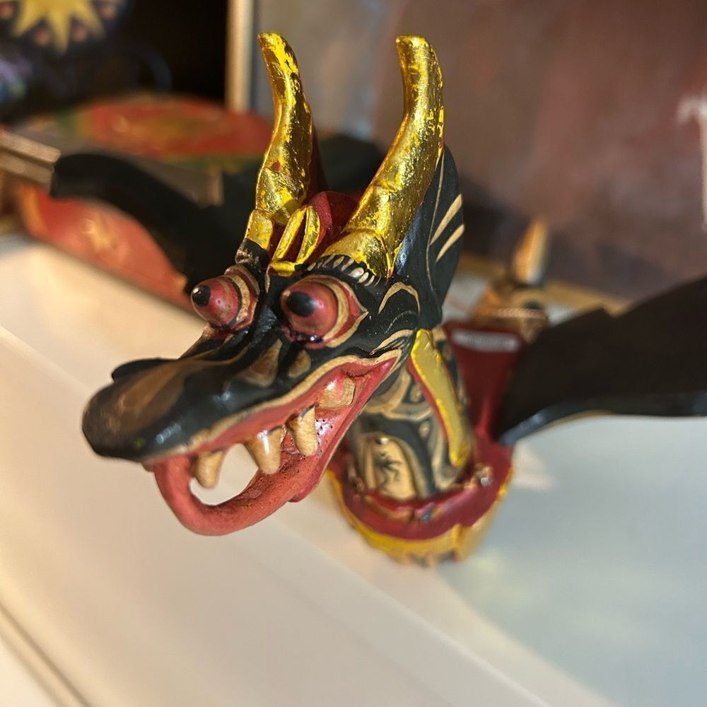 Vtg 90s 11.5" Dragon Naga Flying Hanging Green/Gold Handmade Wooden Bali Folkart - Picture 3 of 15